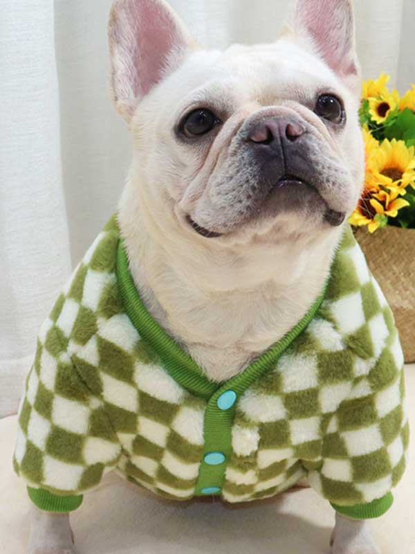 GMTPET Green and white checkerboard fat dog bulldog pug dog French fighting winter clothes plus velvet thick cardigan plush sweater 107-222039 cattoyfactory.com