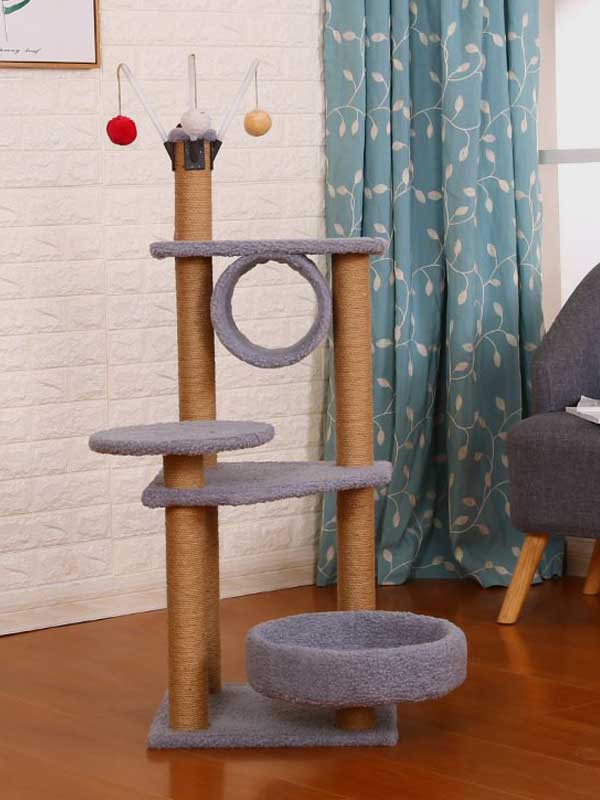 Factory OEM Wholesale Particleboard Flannel Hemp Rope Post Grey Cat Tree Pet Toy Platform